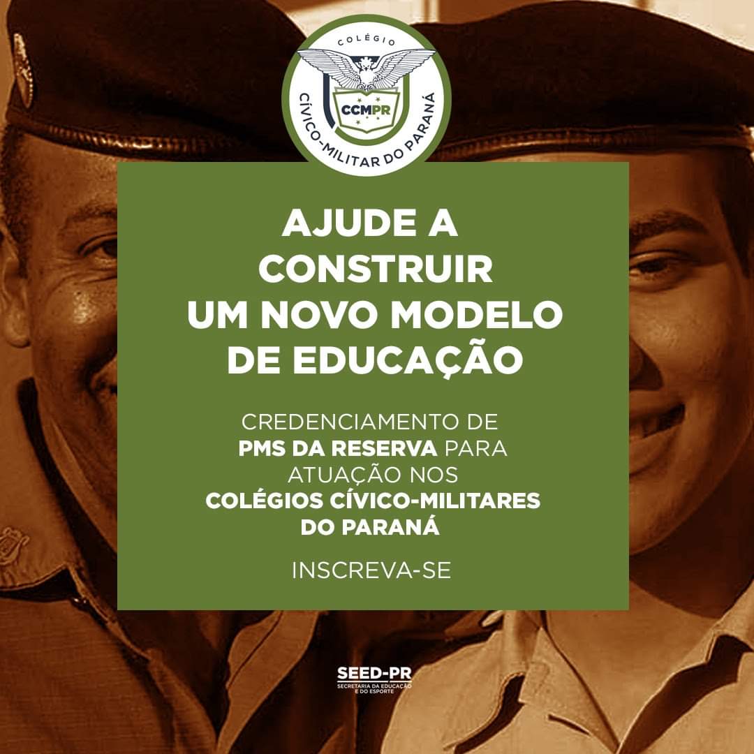 Estão abertas as inscrições do novo processo seletivo para selecionar militares estaduais da reserva remunerada para compor o CMEIV (Corpo de Militares Estaduais Inativos Voluntários) dos Colégios Cívico-Militares do Paraná (CCM-PR).